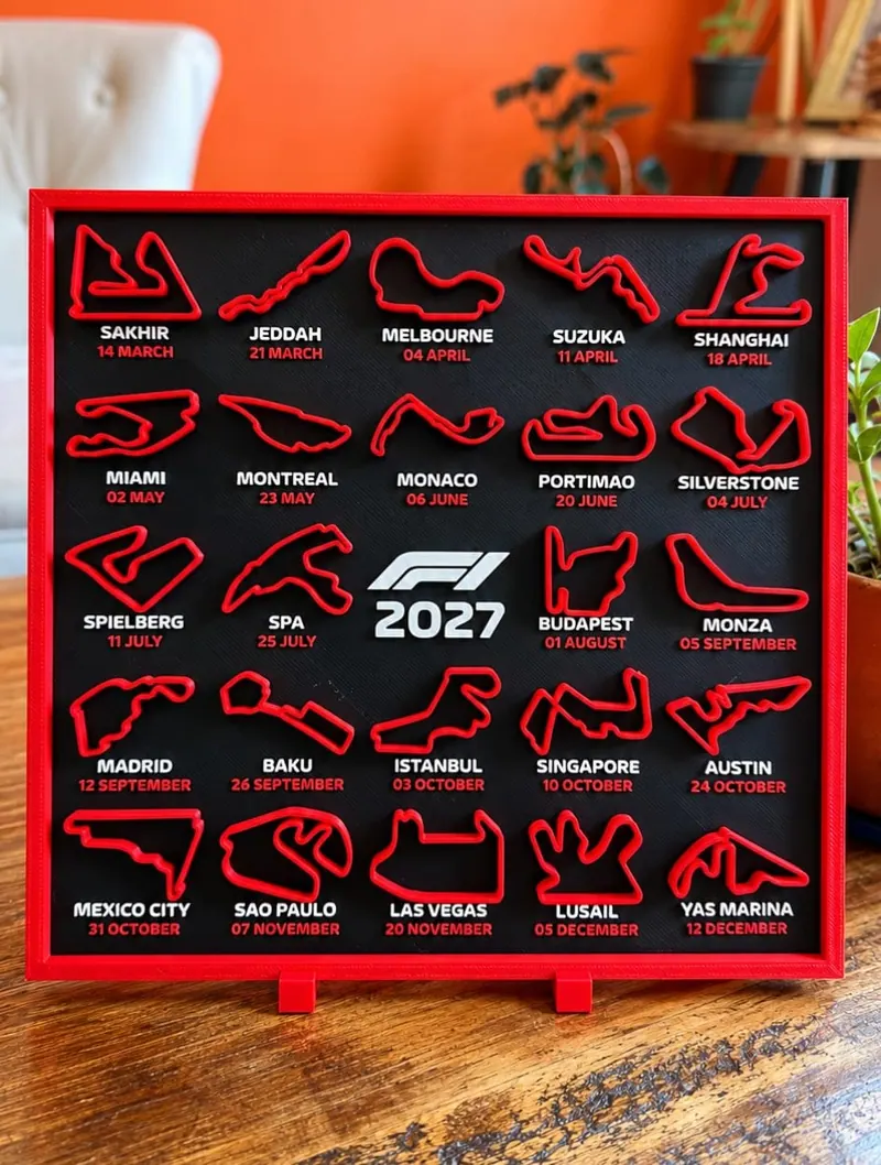 Cuadro rojo y negro impreso en 3D con todos los circuitos de la temporada 2027 de Fórmula 1