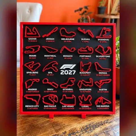 Cuadro rojo y negro impreso en 3D con todos los circuitos de la temporada 2027 de Fórmula 1