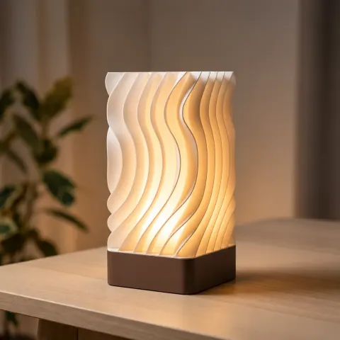 Lámpara de láminas onduladas blancas con base marrón, encendida con luz cálida sobre una mesa de madera